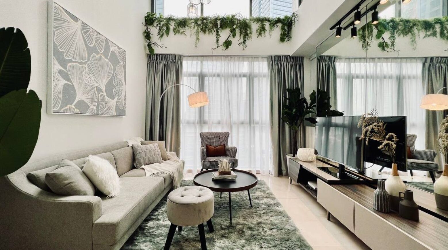 Living Room TV Area indoor plants grey sofa modern