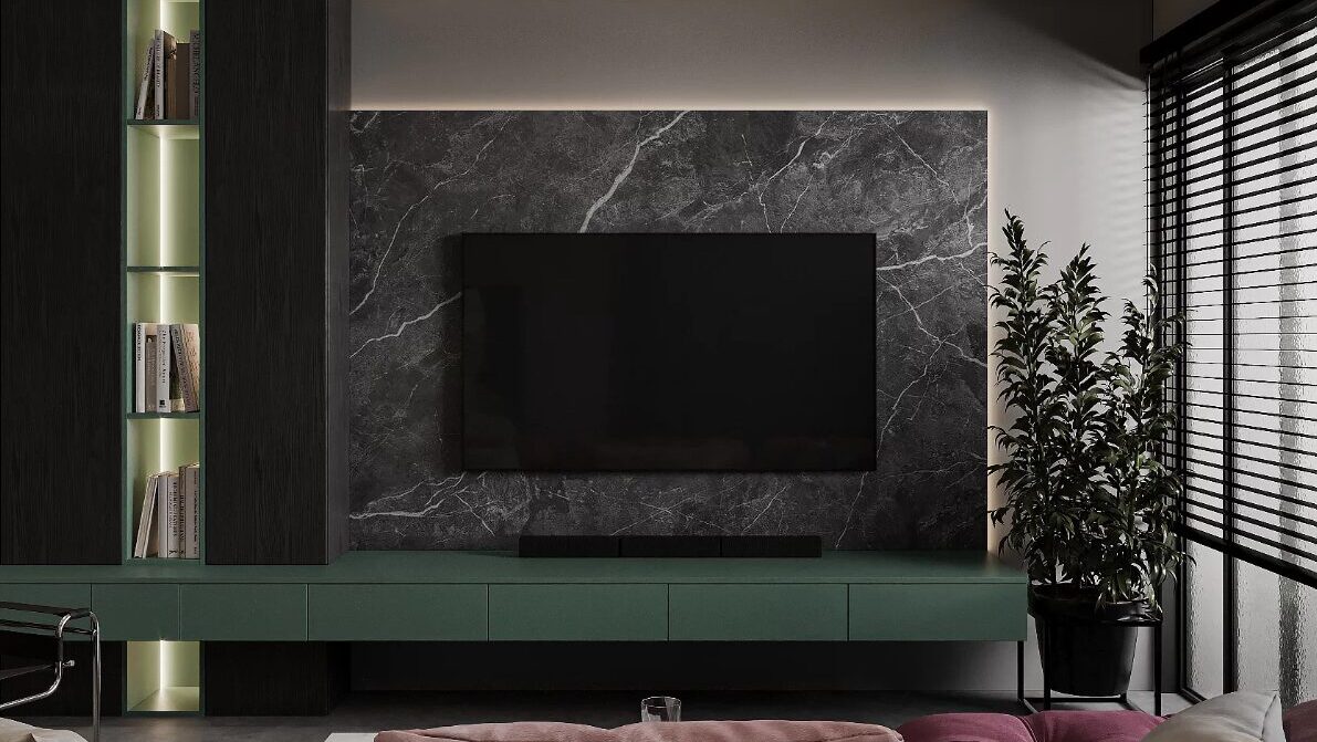 Living Room TV Area dark marble modern